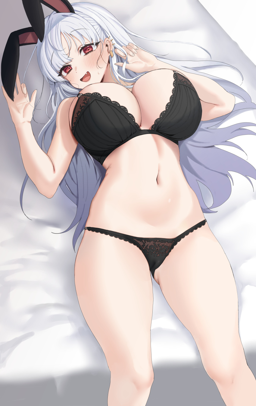 1girl absurdres animal_ears ass_visible_through_thighs black_bra black_panties blush bra breasts cameltoe cleavage cropped_legs ear_piercing earrings fake_animal_ears fang hands_up highres jewelry large_breasts long_hair looking_at_viewer lying navel on_back on_bed open_mouth original panties piercing rabbit_ears red_eyes simple_background smile solo sweatdrop tongtangtong underwear white_background white_hair