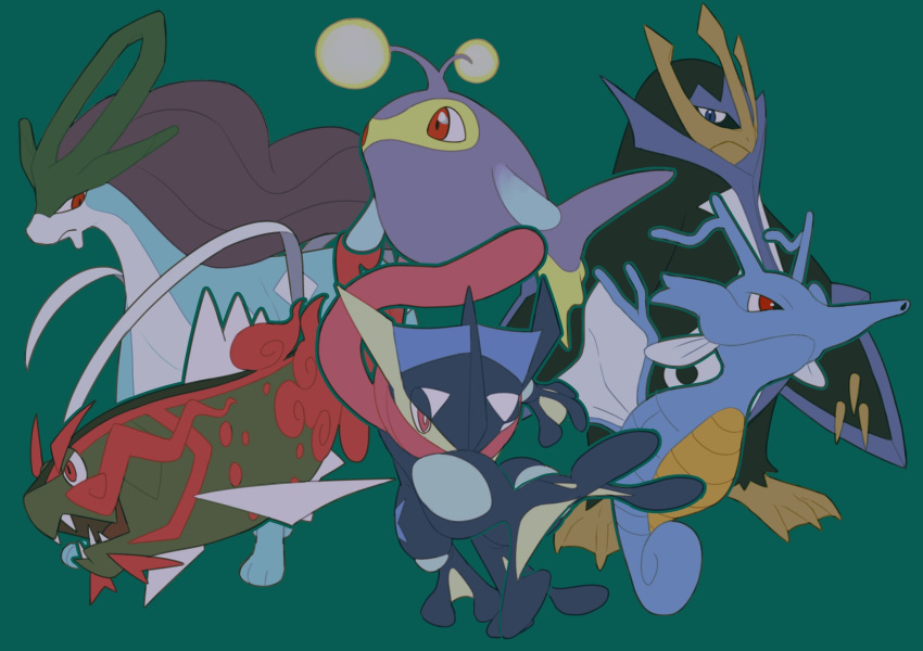 basculegion blue_eyes closed_mouth empoleon fangs fish green_background greninja highres kingdra lanturn no_humans open_mouth pink_eyes pokemon red_eyes simple_background suicune tongue v_(govvvvw)