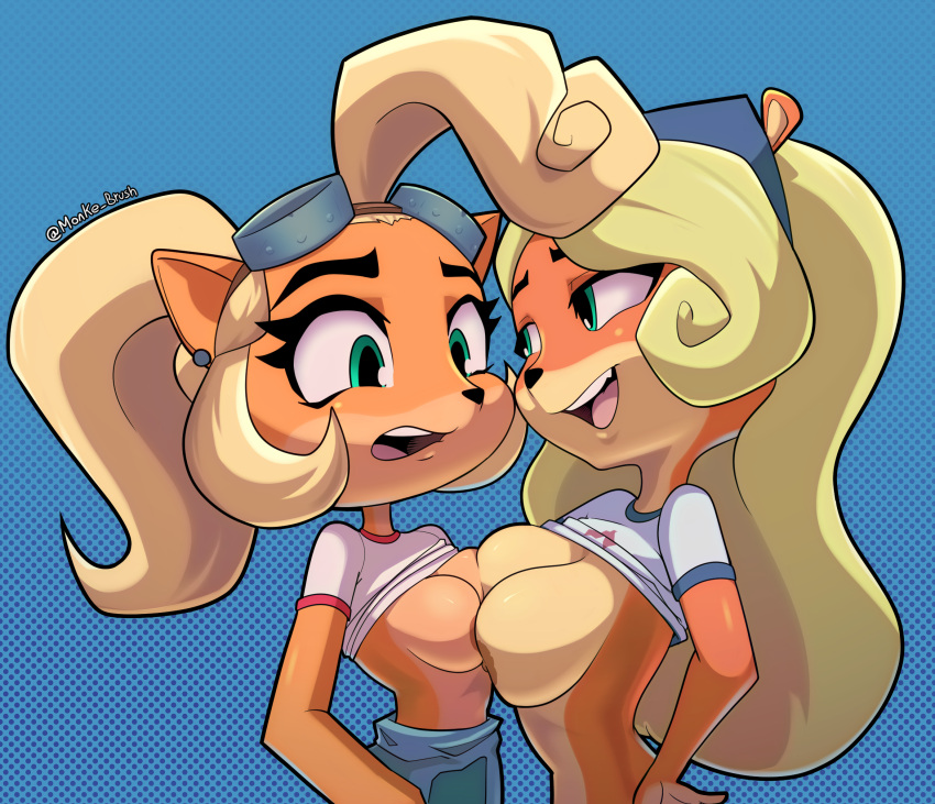 2023 activision anthro anthro_on_anthro areola blonde_hair breast_size_difference breast_squish breasts breasts_frottage brown_areola brown_nipples coco_bandicoot crash_bandicoot_(series) duo eye_contact eyewear eyewear_on_head female female/female goggles goggles_on_head hair hi_res long_hair looking_at_another mammal marsupial medium_breasts monke_brush nipples open_mouth orange_body signature simple_background square_crossover squish