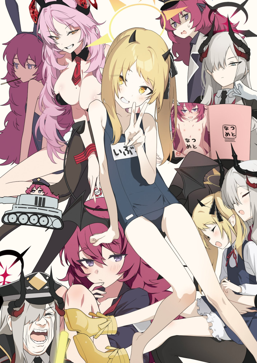 4girls akinashi_yuu animal_ears blue_archive blush breasts cleavage crying demon_girl demon_horns detached_collar fake_animal_ears highres horns hug ibuki_(blue_archive) iroha_(blue_archive) large_breasts leotard makoto_(blue_archive) manga_(object) multiple_girls nipples playboy_bunny rabbit_ears reading satsuki_(blue_archive) school_swimsuit small_breasts strapless strapless_leotard surprised swimsuit topless
