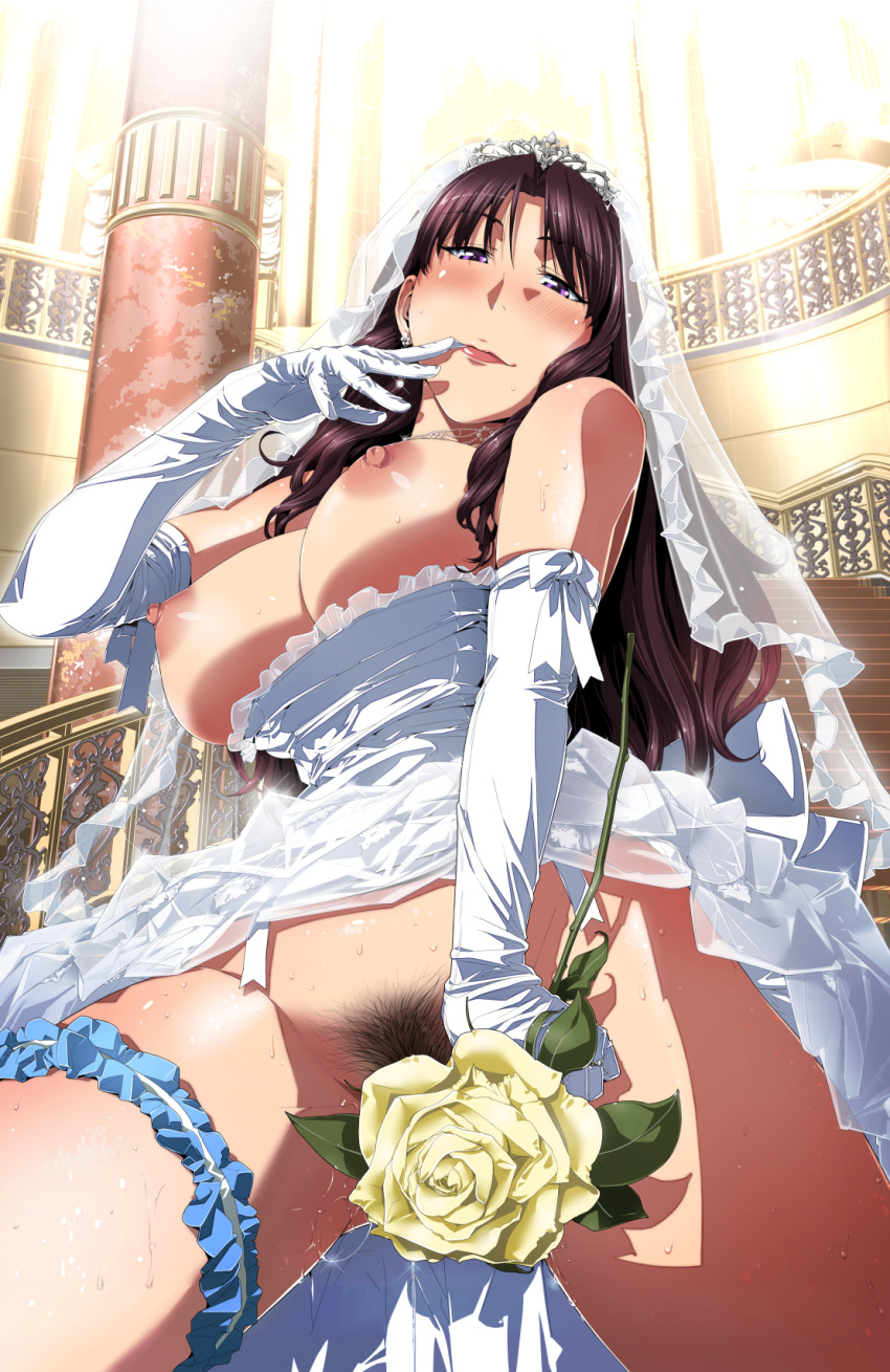 1girl ballroom bare_shoulders biting blush bow breasts breasts_out bridal_garter bridal_veil bride brown_hair clothes_pull column covering covering_crotch cowboy_shot dress dress_pull earrings elbow_gloves female_pubic_hair finger_to_mouth flower flower_censor frilled_dress frills glove_biting gloves highres indoors jewelry large_breasts lips long_hair looking_at_viewer mature_female necklace nipples no_bra no_panties original parted_bangs pillar pubic_hair purple_eyes pussy_juice pussy_juice_trail ribbon rose schelz smile solo sparkle spread_legs stairs standing sweat thighs tiara veil wedding_dress white_ribbon yellow_flower yellow_rose