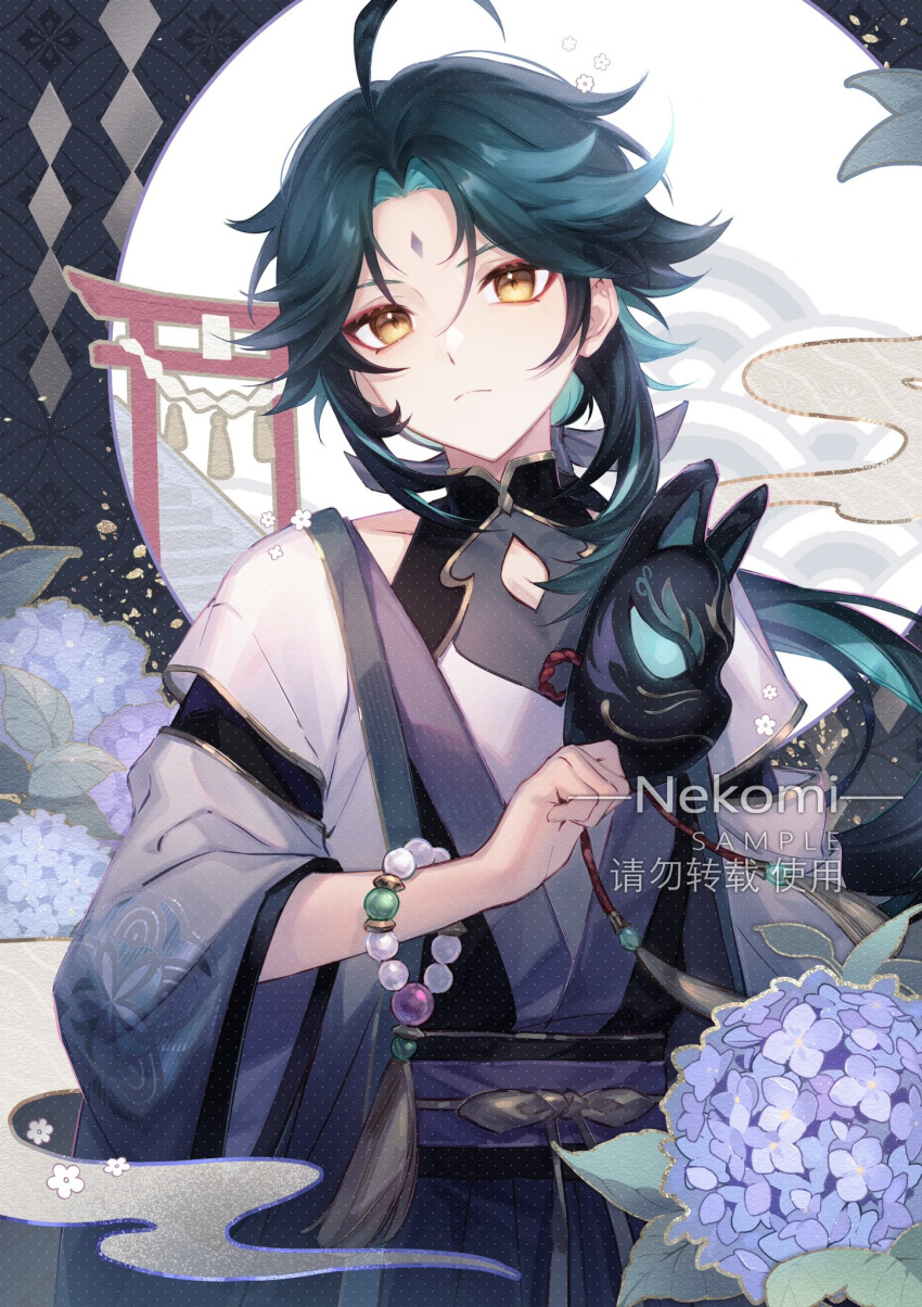1boy ahoge bead_bracelet beads black_hair bracelet closed_mouth expressionless facial_mark flower forehead_mark fox_mask genshin_impact green_hair highres holding holding_mask hydrangea japanese_clothes jewelry kimono looking_at_viewer male_focus mask multicolored_hair nekomi_0 purple_flower red_eyeliner rope seigaiha shide shimenawa solo tassel torii xiao_(genshin_impact) yellow_eyes