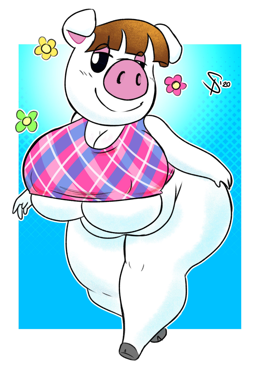 absurd_res animal_crossing anthro bedroom_eyes big_breasts big_butt black_eyes blue_background blush blush_lines bottomless bottomless_anthro bottomless_female breast_squish breasts brown_hair butt chubby_anthro chubby_belly chubby_female clothed clothing crop_top curvy_figure domestic_pig female flower hair half-closed_eyes hi_res hooves huge_breasts huge_thighs looking_at_viewer lucy_(animal_crossing) mammal mostly_nude mostly_nude_anthro narrowed_eyes nintendo nipple_outline no_underwear overweight overweight_anthro overweight_female pattern_clothing pig_nose pink_eyelids pink_inner_ear pink_nose plant seductive shirt short_hair signature simple_background slightly_chubby smile solo squealydealy squish striped_clothing stripes suid suina sus_(pig) thick_thighs tight_clothing tight_fit tight_topwear topwear topwear_only voluptuous voluptuous_anthro voluptuous_female walking white_body white_skin wide_hips