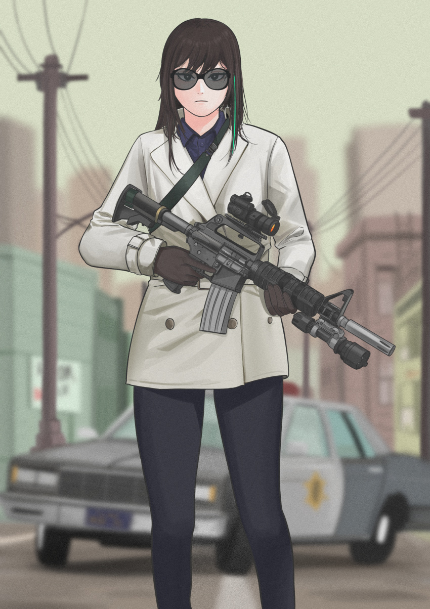 1girl assault_rifle black_gloves black_hair black_pants blurry blurry_background brown_gloves building car car-15 chevrolet_caprice cityscape commentary english_commentary girls'_frontline gloves green_hair ground_vehicle gun highres holding holding_gun holding_weapon jacket long_hair long_sleeves m4a1_(girls'_frontline) motor_vehicle multicolored_hair outdoors pants parabellum police_car rifle scope solo standing streaked_hair sunglasses utility_pole weapon white_jacket