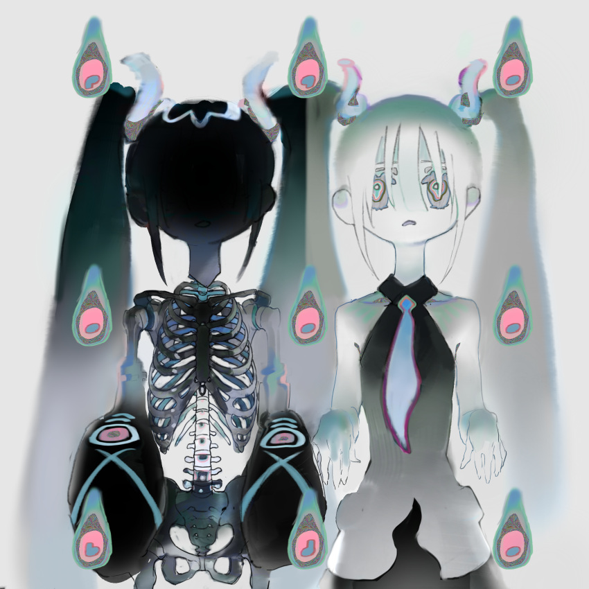 2girls absurdres bare_shoulders black_skirt blue_hair commentary frown ghost_miku_(project_voltage) gradient_hair grey_background hands_up hatsune_miku highres hitodama joon_(jjoooonn) multicolored_eyes multicolored_hair multiple_girls muted_color necktie open_mouth pale_skin pokemon project_voltage ribs shirt skeleton skirt sleeveless sleeveless_shirt spine twintails vocaloid white_hair