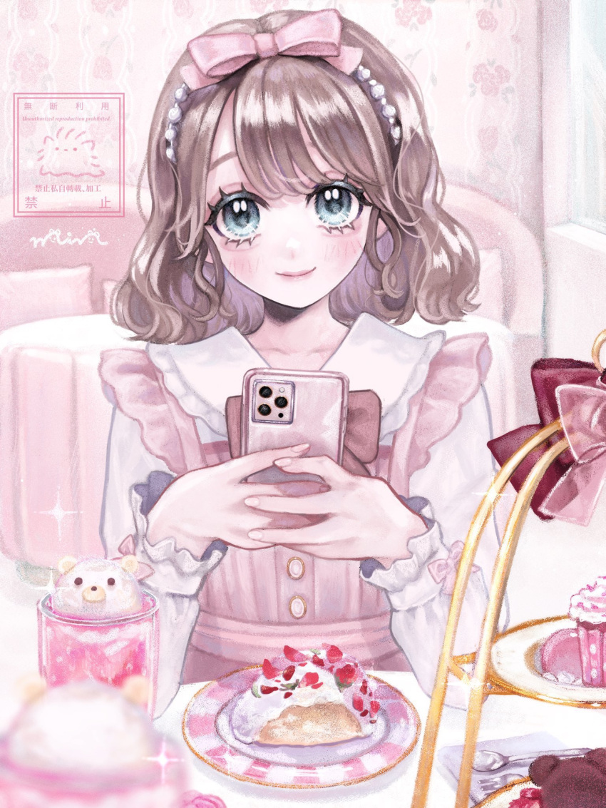 1girl aegyo_sal blue_eyes blush bow brown_hair cellphone closed_mouth collared_shirt cup dress drinking_glass elbow_rest elbows_on_table food fork hair_bow hands_up highres himeno-chan_(min) holding holding_phone indoors long_sleeves looking_at_viewer min_(mts2314) original own_hands_together phone pink_bow pink_dress pink_lips plate pov_across_table shirt short_hair smartphone smile solo spoon table tiered_tray upper_body white_shirt