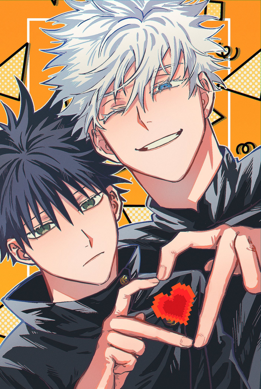 2boys black_hair black_jacket blue_eyes buttons closed_mouth commentary_request fushiguro_megumi fushirun_rung gojou_satoru green_eyes heart heart_hands heart_hands_duo high_collar highres jacket jujutsu_kaisen long_sleeves male_focus multiple_boys one_eye_closed open_mouth school_uniform short_hair smirk spiked_hair white_hair yaoi