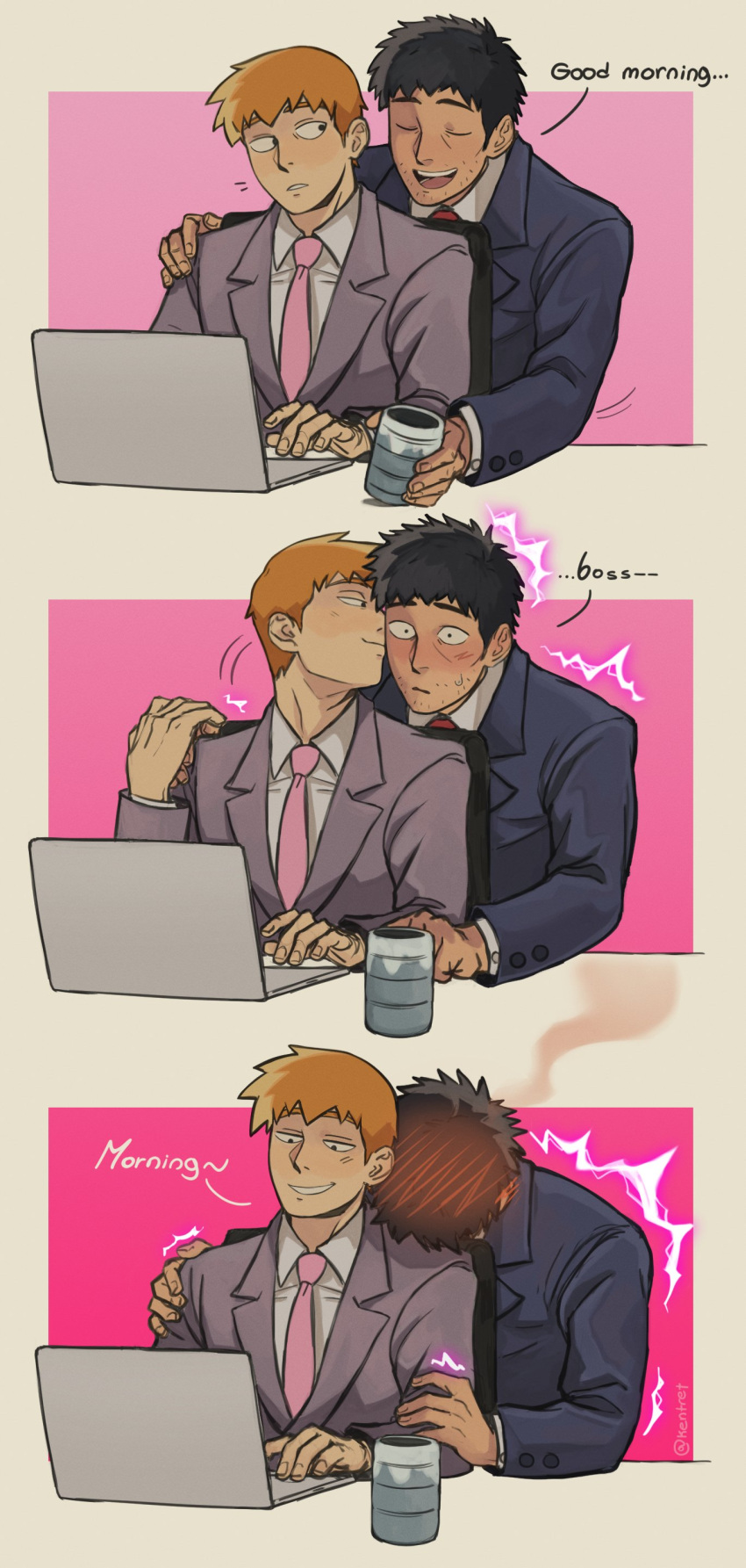 2boys absurdres at_computer black_hair black_jacket blush closed_eyes collared_shirt computer cup english_text facial_hair grey_jacket highres holding holding_cup jacket kentret laptop looking_at_another male_focus mob_psycho_100 multiple_boys necktie orange_hair reigen_arataka serizawa_katsuya shirt short_hair smile twitter_username white_shirt yaoi