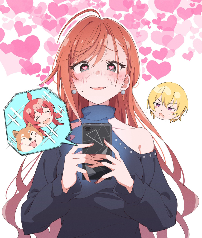 ^_^ absurdres ahoge arisugawa_natsuha blush closed_eyes clothing_cutout eito12 heart heart-shaped_pupils heart_background highres idolmaster idolmaster_shiny_colors jitome komiya_kaho long_hair long_sleeves looking_at_another looking_at_phone mamemaru_(shiny_colors) orange_hair phone saijo_juri shoulder_cutout smile spoken_expression sweatdrop symbol-shaped_pupils upper_body very_long_hair