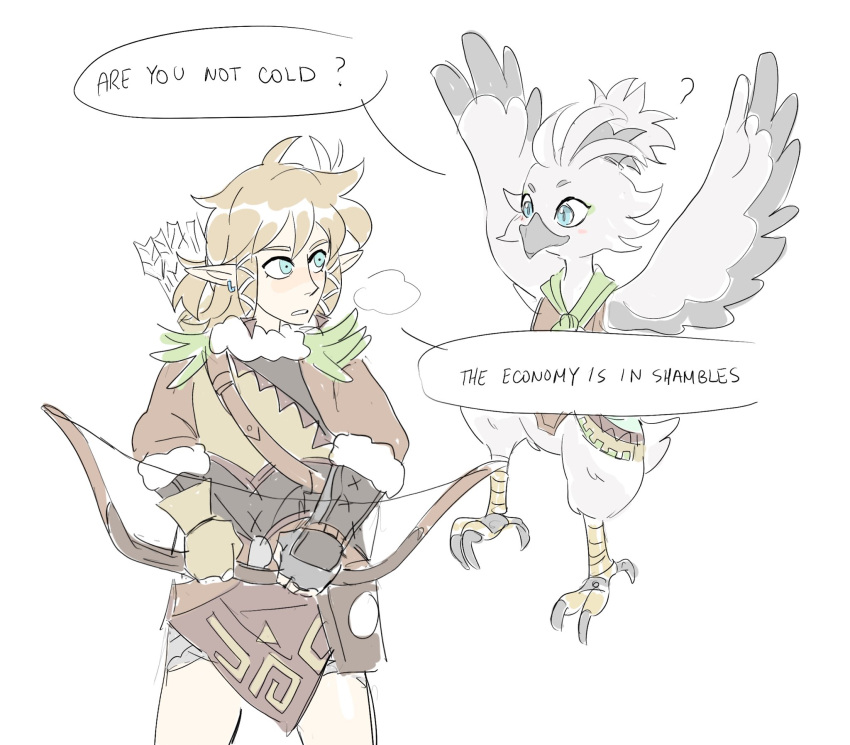 2023 anthro arrow_(weapon) avian biped blonde_hair bow_(weapon) breath_of_the_wild clothed clothing colored dialogue dialogue_box duo english_text feather_hands feathers flying hair hi_res humanoid hylian male mammal nintendo pantsless pantsless_male pokeparkfan_(artist) ranged_weapon rito shirt simple_background speech_bubble talons tears_of_the_kingdom text the_legend_of_zelda topwear tulin_(tloz) weapon white_background white_body white_feathers