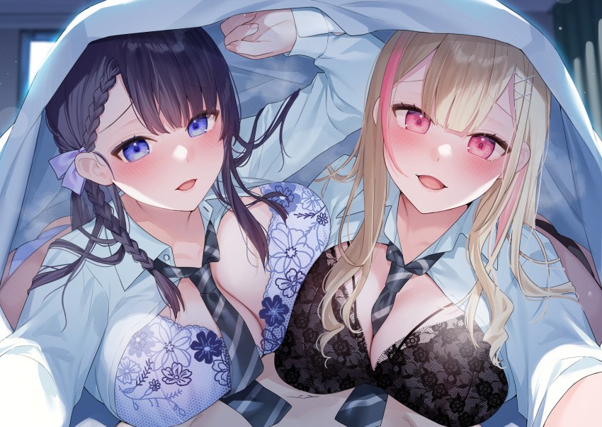 1boy 2girls bekotarou black_bra black_hair blonde_hair blue_bra blue_eyes blush bow bowtie bra braid breasts cleavage commentary_request hair_ornament hairclip highres large_breasts long_sleeves looking_at_viewer multiple_girls open_clothes open_mouth open_shirt original red_eyes smile underwear