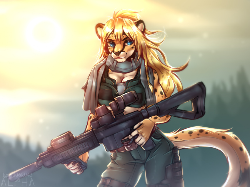 2022 5_fingers anthro bad_trigger_discipline black_spots blonde_hair blue_eyes blurred_background breasts cheetah cleavage clothed clothing felid feline female fingers forest forest_background fur green_clothing green_uniform gun hair hi_res holding_gun holding_object holding_rifle holding_weapon lena_fluffy_(character) lgag006k043_(artist) long_hair mammal medium_breasts military_uniform nature nature_background plant ranged_weapon scarf scope solo spots spotted_body spotted_fur standing sun tree uniform weapon yellow_body yellow_fur