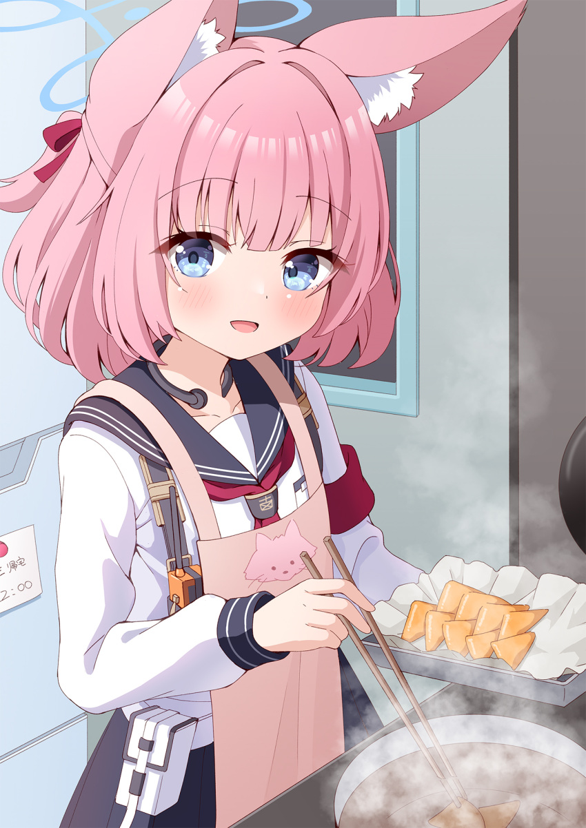 1girl :d aburaage animal_ear_fluff animal_ears apron azel_(laevateinn495) belt_pouch black_skirt blue_archive blue_eyes choker chopsticks commentary_request cooking deep_fryer deep_frying food fox_ears fox_girl fox_print hair_between_eyes halo highres holding holding_chopsticks holding_tray indoors kitchen long_sleeves looking_at_viewer medium_hair niko_(blue_archive) pink_apron pink_hair pleated_skirt pouch refrigerator school_uniform serafuku shoulder_strap sidelocks skirt smile solo steam tissue tray walkie-talkie