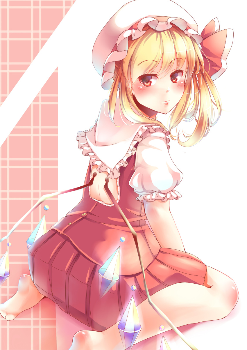 1girl absurdres backless_outfit barefoot blonde_hair closed_mouth crystal flandre_scarlet frilled_shirt_collar frilled_sleeves frills from_behind hat hat_ribbon highres kanzakietc looking_at_viewer looking_back medium_hair mob_cap one_side_up pleated_skirt puffy_short_sleeves puffy_sleeves red_eyes red_ribbon red_skirt red_vest ribbon shirt short_sleeves skirt soles solo touhou vest white_background white_headwear white_shirt wings