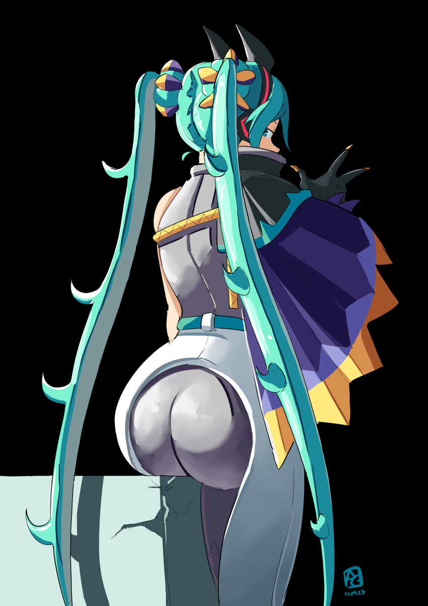 1girl ass automatic_giraffe black_background blue_eyes blue_hair dragon_miku_(project_voltage) fake_horns hair_ornament hatsune_miku highres horns long_hair looking_at_viewer pokemon project_voltage spiked_hair vocaloid