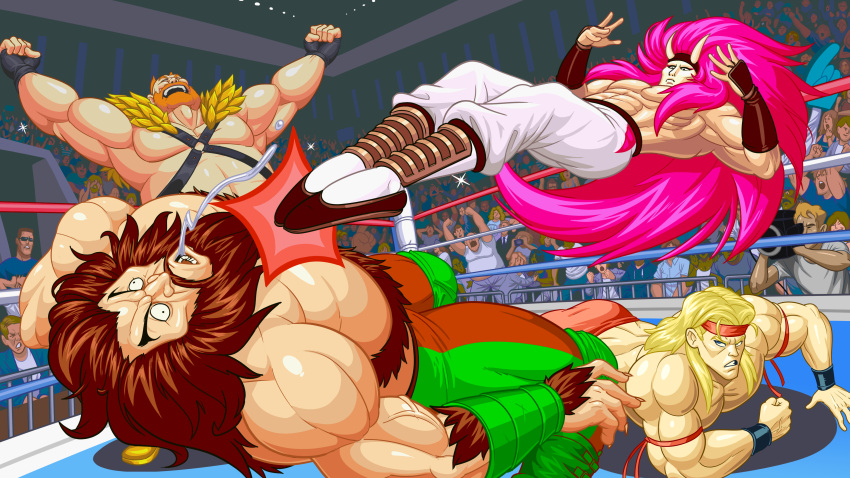 abs absurdres angry angusburgers armband bandana battle beard body_fur boots capcom character_request crowd duel english_commentary facial_hair fake_screenshot flying_kick gameplay_mechanics highres horns japanese_clothes kicking multiple_boys muscular muscular_male oni_horns saliva saturday_night_slam_masters uniform video_game wrestling