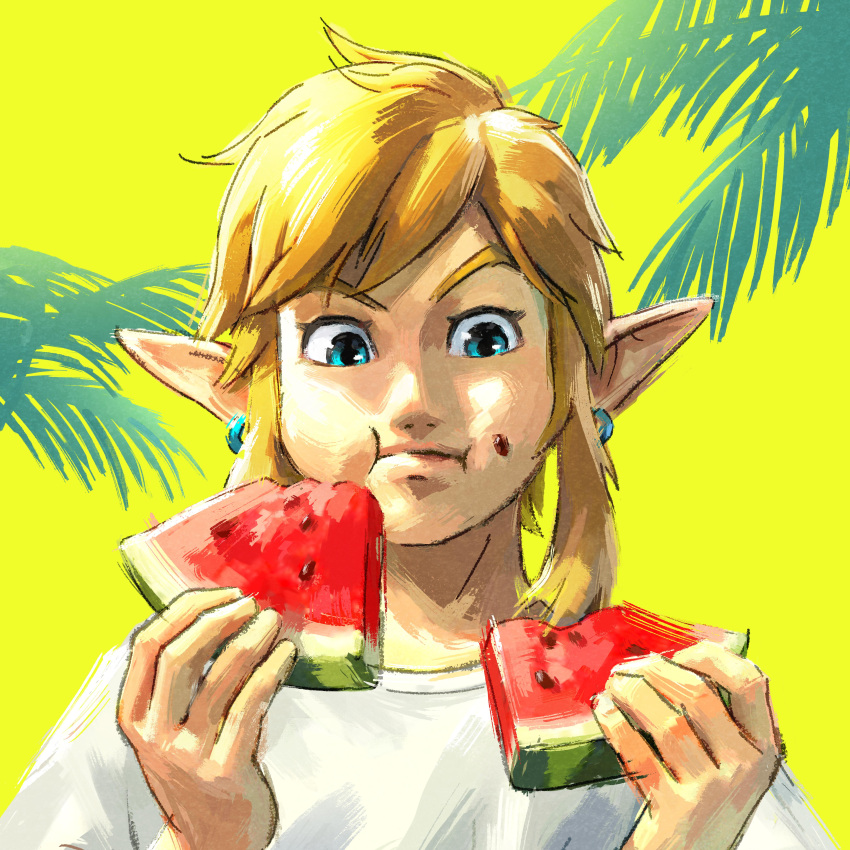 1boy absurdres alternate_costume blonde_hair blue_eyes casual contemporary earrings eating food food_on_face fruit highres holding holding_food holding_fruit jewelry link male_focus official_art pointy_ears seed shirt solo t-shirt the_legend_of_zelda the_legend_of_zelda:_breath_of_the_wild the_legend_of_zelda:_tears_of_the_kingdom watermelon watermelon_seeds watermelon_slice white_shirt