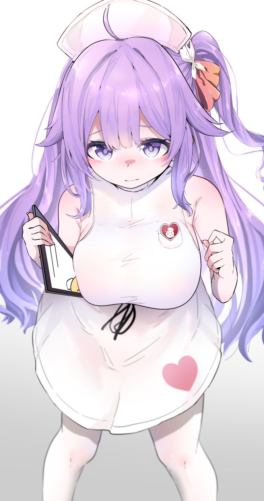 1girl absurdres ahoge azur_lane bare_shoulders blush breasts clipboard closed_mouth dress hands_up harusame_mgmg3 hat heart highres holding holding_clipboard large_breasts long_hair looking_at_viewer nurse nurse_cap official_alternate_costume one_side_up pantyhose purple_eyes purple_hair short_dress sidelocks simple_background solo unicorn_(angelic_nurse)_(azur_lane) unicorn_(azur_lane) white_background white_dress white_pantyhose