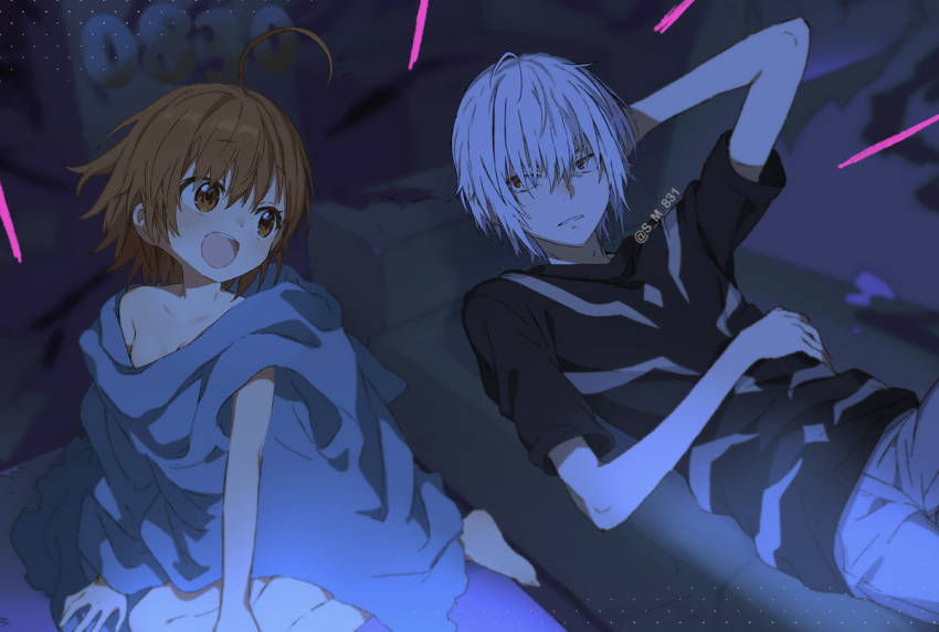 1boy 1girl :d accelerator_(toaru_majutsu_no_index) age_difference ahoge albino arms_behind_head artist_name barefoot bed_sheet black_shirt blush bob_cut breasts broken_furniture brown_eyes brown_hair child coffee_table collarbone commentary constricted_pupils couch covering covering_with_blanket dark dated dated_commentary diagonal-striped_shirt female_child hair_between_eyes hair_over_eyes hands_on_own_stomach indoors last_order_(toaru_majutsu_no_index) light_blush light_frown living_room looking_at_another looking_back lying medium_hair messy messy_hair messy_room naked_sheet night notice_lines nude_cover off_shoulder on_back on_couch on_table open_mouth pants parted_lips raised_eyebrows round_teeth s_m_831 sanpaku shirt short_hair short_sleeves side-by-side single_bare_shoulder sitting sitting_on_table small_breasts smile t-shirt table teeth toaru_kagaku_no_railgun toaru_majutsu_no_index twitter_username two-tone_shirt upper_teeth_only very_short_hair white_hair white_pants white_shirt yokozuwari
