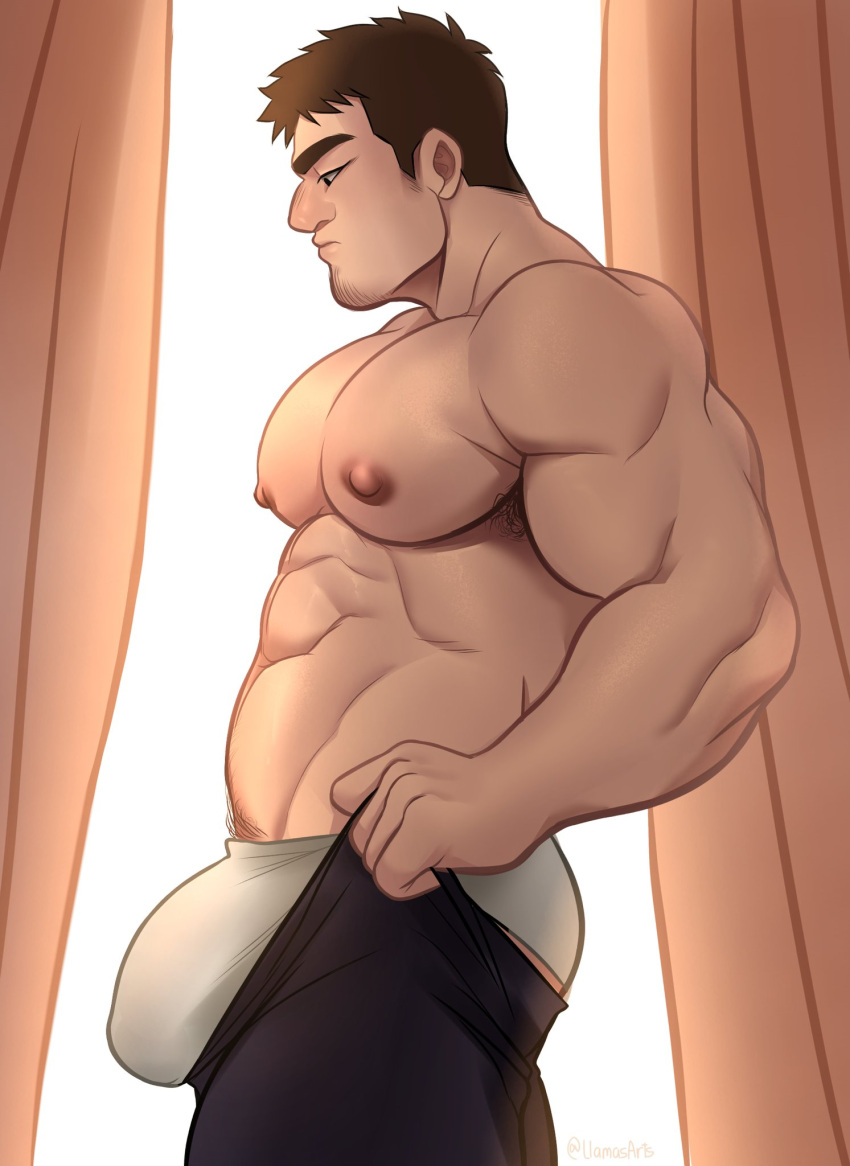 1boy abs armpit_hair ass bara briefs bulge bulge_lift curtains dressing facial_hair feet_out_of_frame from_side goatee highres i've_never_seen_a_guy_recreate_this_successfully_tbh_(meme) lamasart large_areolae large_bulge large_pectorals male_focus male_underwear mature_male meme muscular muscular_male navel_hair nipples open_pants pants pants_lift pectorals senpai_ga_uzai_kouhai_no_hanashi short_hair sideburns solo stomach stubble sunlight takeda_harumi_(shiromanta) thick_eyebrows thick_thighs thighs topless_male undersized_clothes underwear white_male_underwear
