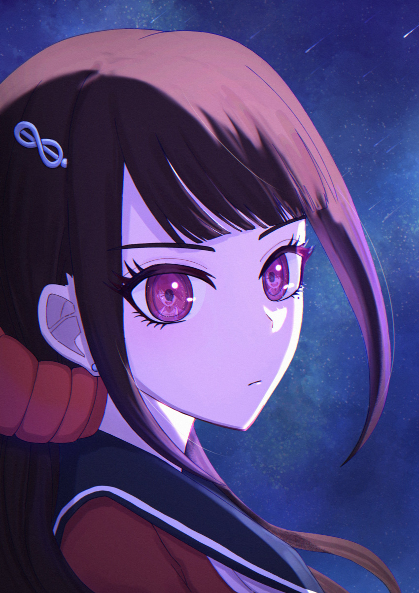 1girl absurdres arironpawa black_sailor_collar brown_hair closed_mouth danganronpa_(series) danganronpa_v3:_killing_harmony eye_reflection hair_ornament hairclip harukawa_maki highres looking_at_viewer low_twintails mole mole_under_eye momota_kaito night outdoors portrait red_eyes red_scrunchie red_shirt reflection sailor_collar scrunchie shirt sidelocks solo twintails