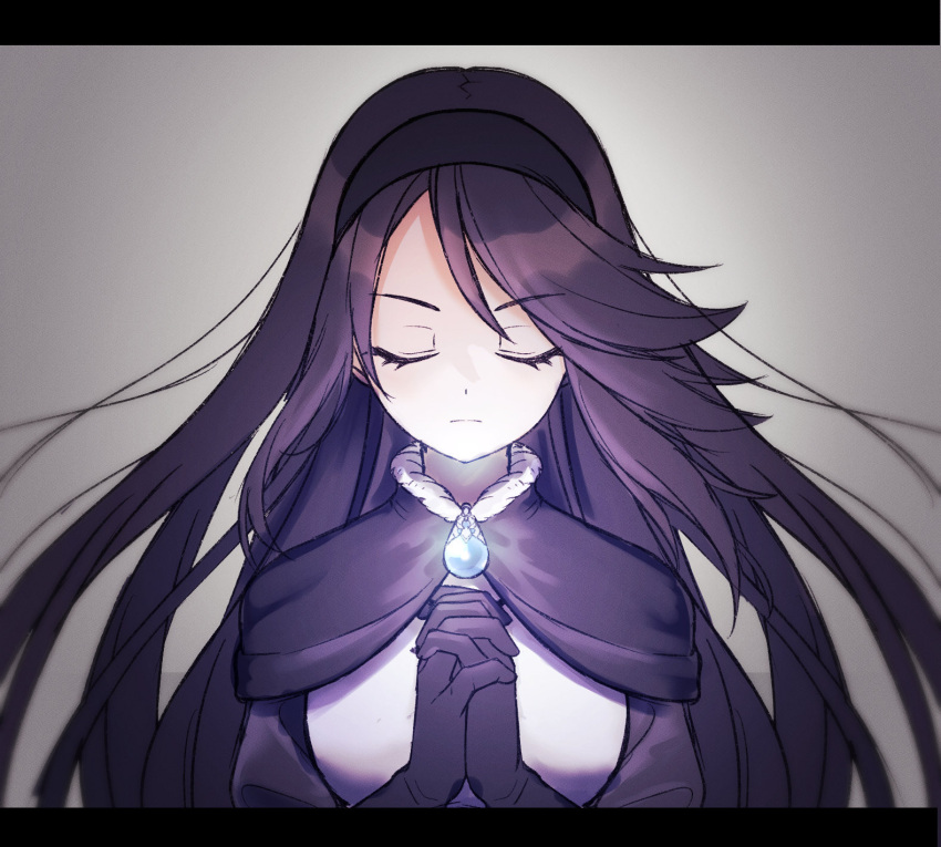 1girl agnes_oblige black_cape black_gloves black_hair black_hairband blue_gemstone bravely_default_(series) cape closed_eyes closed_mouth commentary_request facing_viewer gem gloves glowing grey_background hairband hands_up highres interlocked_fingers letterboxed long_hair own_hands_clasped own_hands_together praying solo tekutonbo upper_body