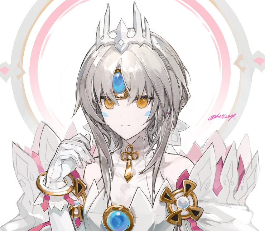 1girl bow bracelet cape closed_mouth code:_esencia_(elsword) crown elsword eve_(elsword) forehead_jewel gloves hair_bow halo hand_up highres jewelry long_hair looking_at_viewer sidelocks simple_background smile solo twice12314 upper_body very_long_hair white_background white_bow white_cape white_gloves white_hair yellow_eyes