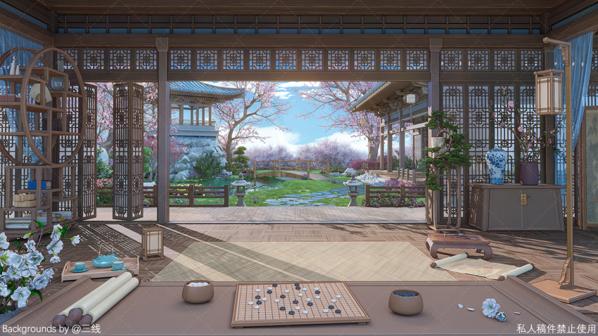 architecture blue_sky board_game bridge cloud cup day drawer east_asian_architecture flower flower_pot go_(board_game) indoors no_humans original plant sanxian_(wufs4222) scenery scroll shelf sky stone_lantern teacup teapot tray tree vase