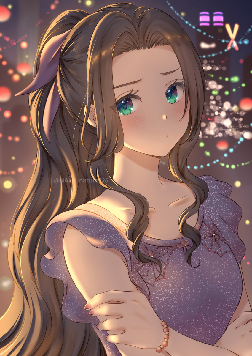 1girl aerith_gainsborough bead_bracelet beads blurry blurry_background blush bracelet breasts brown_hair city_lights collarbone crossed_arms dress embarrassed final_fantasy final_fantasy_vii final_fantasy_vii_remake frilled_sleeves frills green_eyes hair_ribbon highres jewelry long_hair looking_at_viewer medium_breasts nail_polish nalu official_alternate_costume parted_bangs pink_dress pink_nails pink_ribbon ponytail ribbon short_sleeves sidelocks solo twitter_username upper_body wavy_hair