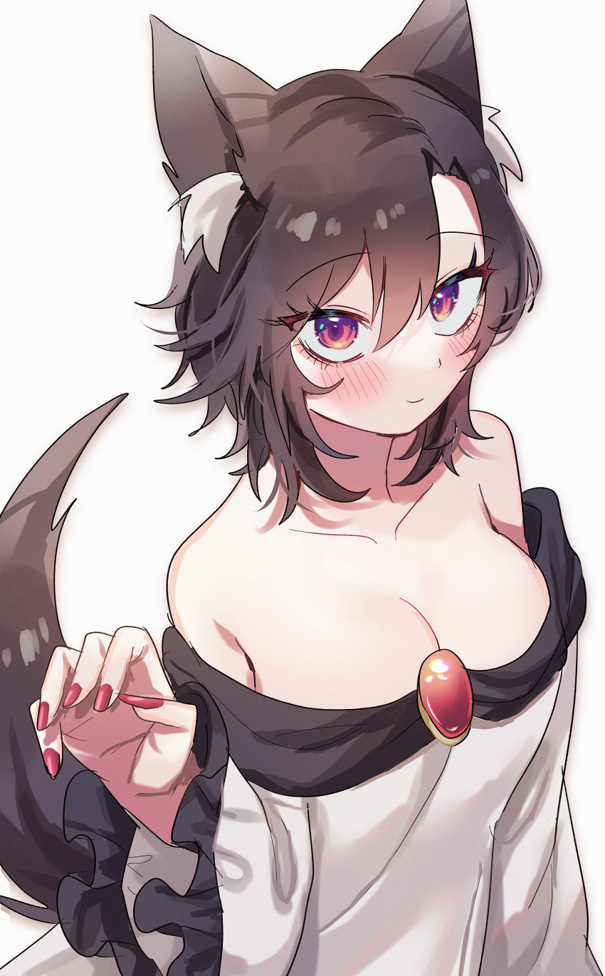 1girl absurdres animal_ear_fluff animal_ears breasts brown_hair cleavage dress from_behind hand_up haruwaka_064 highres imaizumi_kagerou large_breasts nail_polish off-shoulder_dress off_shoulder red_nails short_hair simple_background solo tail touhou white_background wolf_ears wolf_tail