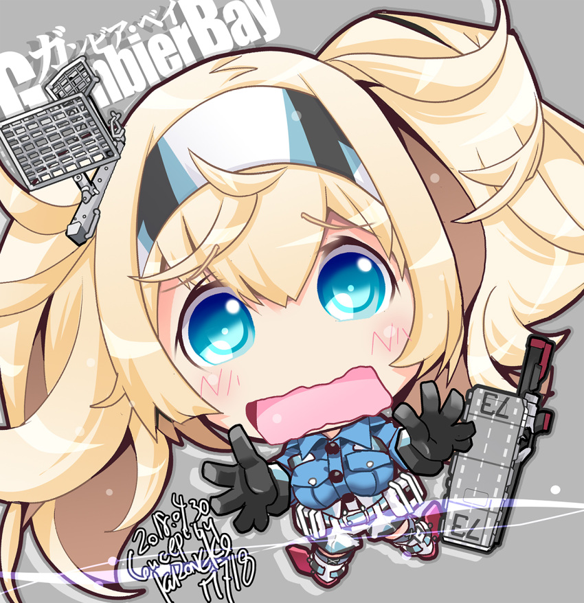 1girl blonde_hair blue_eyes blue_shirt breast_pocket character_name chibi collared_shirt flight_deck gambier_bay_(kancolle) gloves hair_between_eyes hairband highres kantai_collection kuroneko_(kuroneko_works) long_hair multicolored_clothes multicolored_gloves open_mouth pocket rigging shirt short_shorts short_sleeves shorts solo twintails wavy_mouth white_gloves