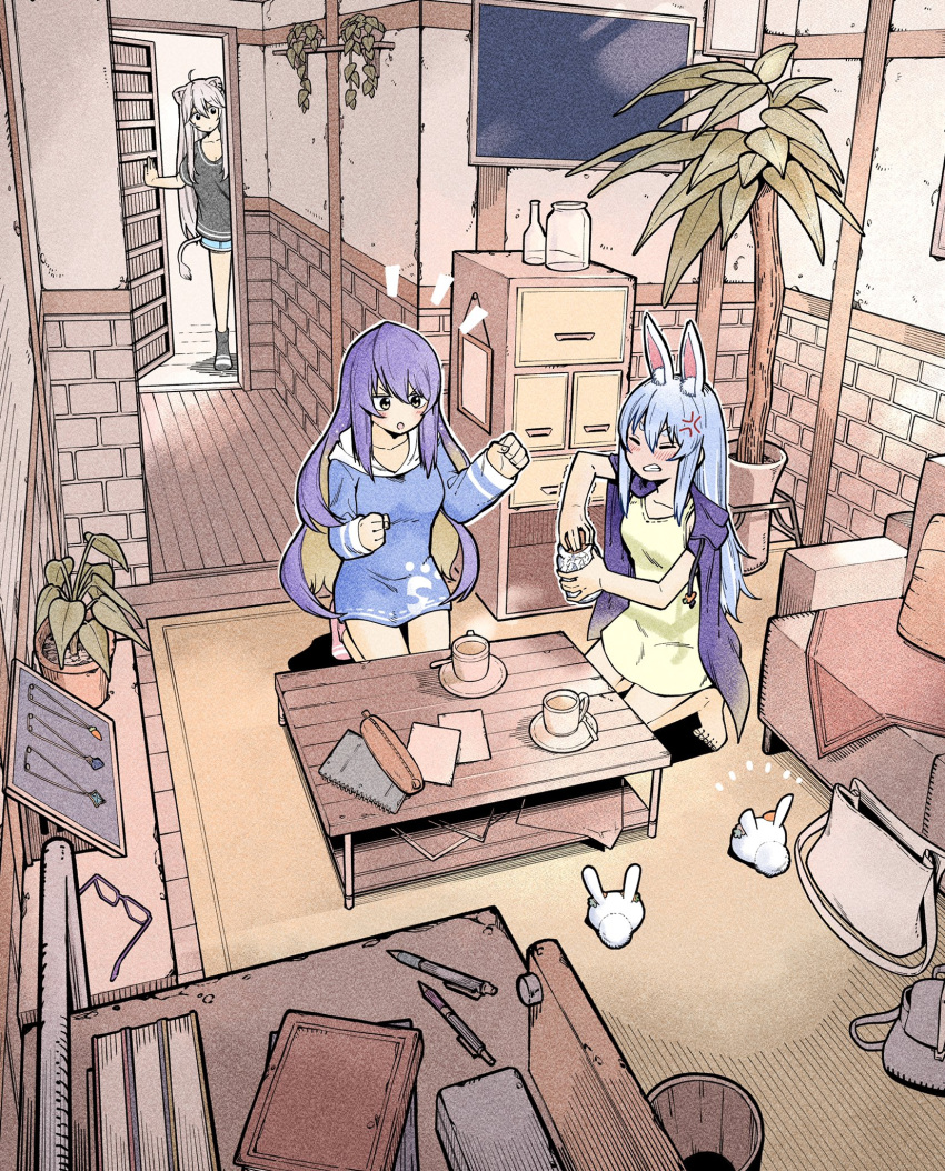 3girls :o ahoge anger_vein animal_ear_fluff animal_ears bag barefoot black_shirt black_socks blonde_hair blue_hair blue_hoodie blue_jacket blue_shorts blush bottle clenched_hands clenched_teeth closed_eyes coffee coffee_mug coffee_table colored_inner_hair commentary_request couch cup display door drawstring dress eyewear_removed feet flat_screen_tv flower_pot glasses grey_hair hair_between_eyes hands_up highres holding holding_jar hololive hololive_indonesia hood hood_down hoodie indoors jacket jacket_on_shoulders jar jewelry kneeling lion_ears lion_girl lion_tail long_hair long_sleeves looking_at_another moona_hoshinova mug multicolored_hair multiple_girls necklace notebook notice_lines nousagi_(usada_pekora) open_door open_mouth paper parted_lips pen pencil_case picture_frame pillow pink_socks plant plate potted_plant purple_hair rabbit_ears rug saucer shelf shirt shishiro_botan short_dress short_eyebrows short_shorts short_sleeves shorts sidelocks sleeveless sleeveless_dress sleeves_past_wrists socks spoon standing streaked_hair t-shirt table tail teeth television thick_eyebrows toes trembling usada_pekora v-shaped_eyebrows very_long_hair virtual_youtuber white_bag white_hair wooden_floor yellow_dress yurai0739