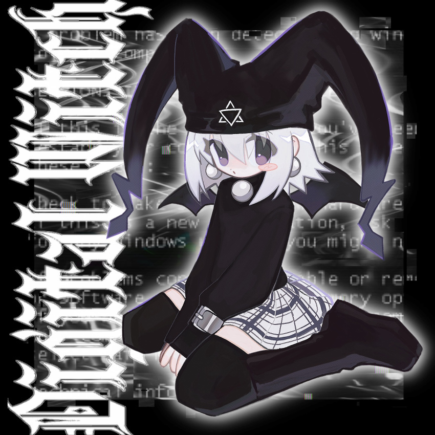 1girl bat_wings belt belt_buckle between_legs black_background black_border black_footwear black_headwear black_sweater black_thighhighs blue_screen_of_death blush_stickers boots border buckle character_name commentary earrings eyes_visible_through_hair full_body grey_belt hand_between_legs hat hexagram highres jester_cap jewelry knee_boots looking_at_viewer mayura outline outside_border plaid plaid_skirt purple_eyes short_hair sitting skirt sleeves_past_wrists solo sweater symbol-only_commentary text_background thighhighs turtleneck turtleneck_sweater ukagaka wariza white_hair white_outline white_skirt wings wrist_belt yappari zettai_ryouiki