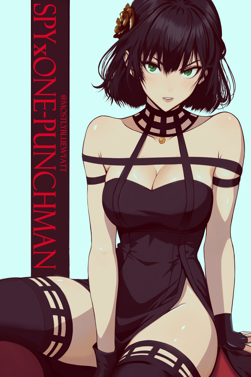 1girl absurdres arm_support bare_shoulders between_legs black_dress black_gloves black_hair black_thighhighs breasts cleavage commentary copyright_name cosplay dress english_commentary fingerless_gloves flower fubuki_(one-punch_man) gloves green_eyes hair_flower hair_ornament hand_between_legs hayami_saori highres large_breasts light_blush looking_at_viewer mostlybluewyatt one-punch_man parted_lips side_slit sitting solo spy_x_family teeth thighhighs v-shaped_eyebrows voice_actor_connection yellow_flower yor_briar yor_briar_(cosplay)