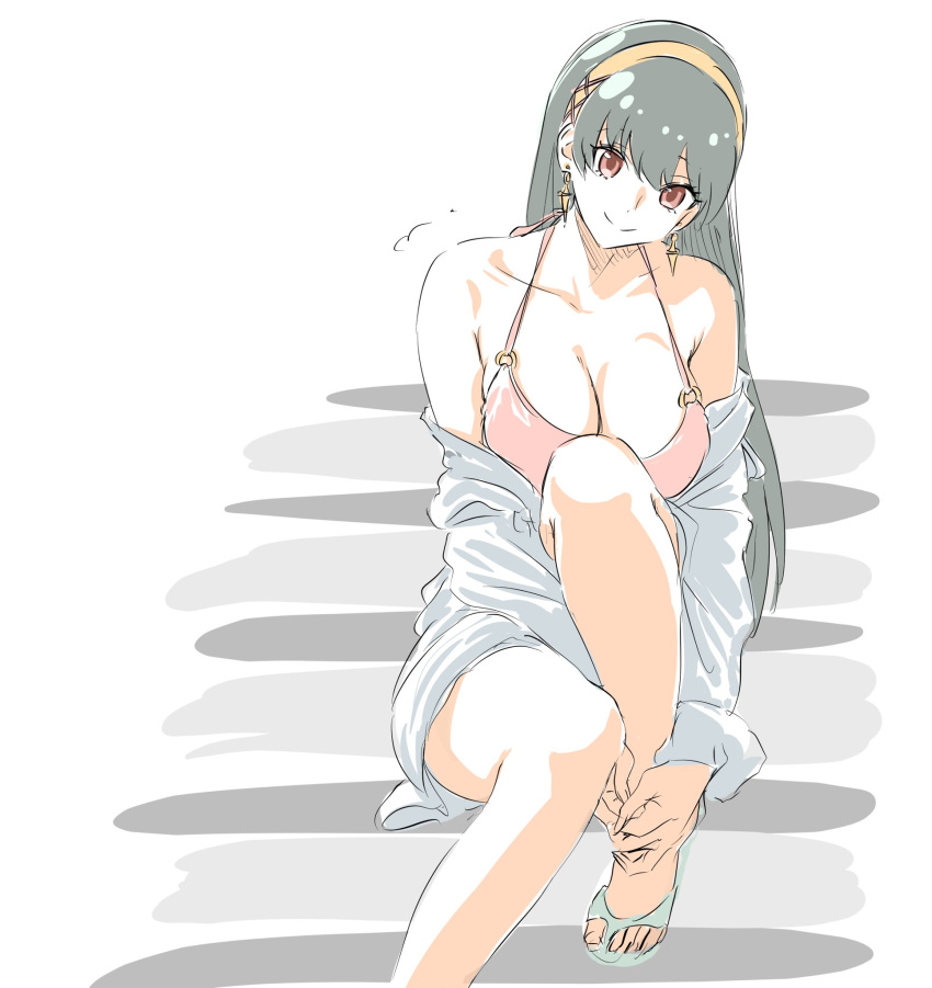 1girl bare_legs bare_shoulders bikini black_hair breasts cleavage earrings feet hair_ornament hairband highres jacket jewelry large_breasts legs long_hair looking_at_viewer mitsugu red_eyes simple_background sitting smile solo spy_x_family swimsuit white_background yor_briar