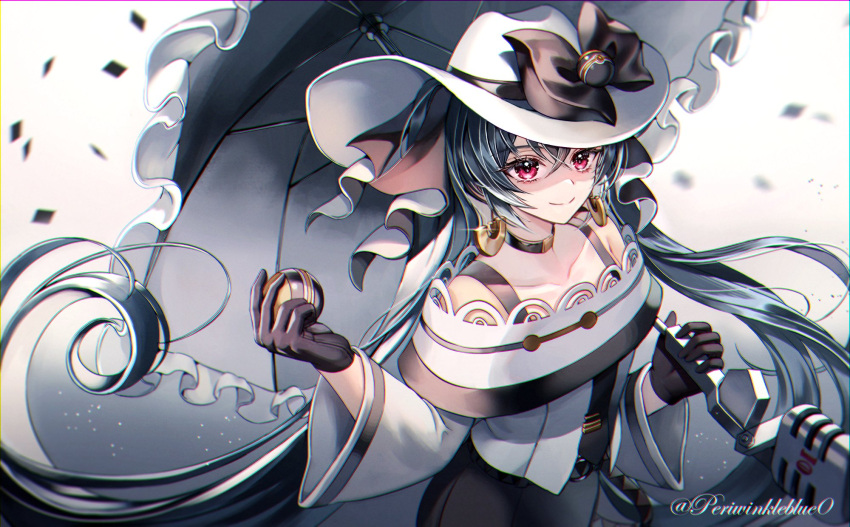 1girl black_choker black_gloves black_ribbon choker dark_green_hair dark_miku_(project_voltage) earrings gloves hat hat_ribbon hatsune_miku hc_(razel1) highres holding holding_umbrella jewelry long_hair long_sleeves luxury_ball microphone poke_ball pokemon project_voltage red_eyes ribbon smile twintails umbrella very_long_hair vocaloid