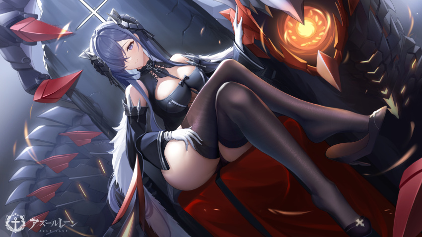 1girl absurdres ainrichman ass august_von_parseval_(azur_lane) azur_lane bare_shoulders black_footwear black_thighhighs clothing_cutout cross crossed_legs curled_horns detached_sleeves dress dutch_angle full_body gloves hair_over_one_eye high_heels highres horns iron_cross light_smile long_hair looking_at_viewer md5_mismatch mechanical_horns microdress non-humanoid_robot purple_eyes purple_hair robot robot_animal robot_dragon shoe_dangle shoes sitting solo thighhighs thighs throne underboob_cutout very_long_hair white_gloves