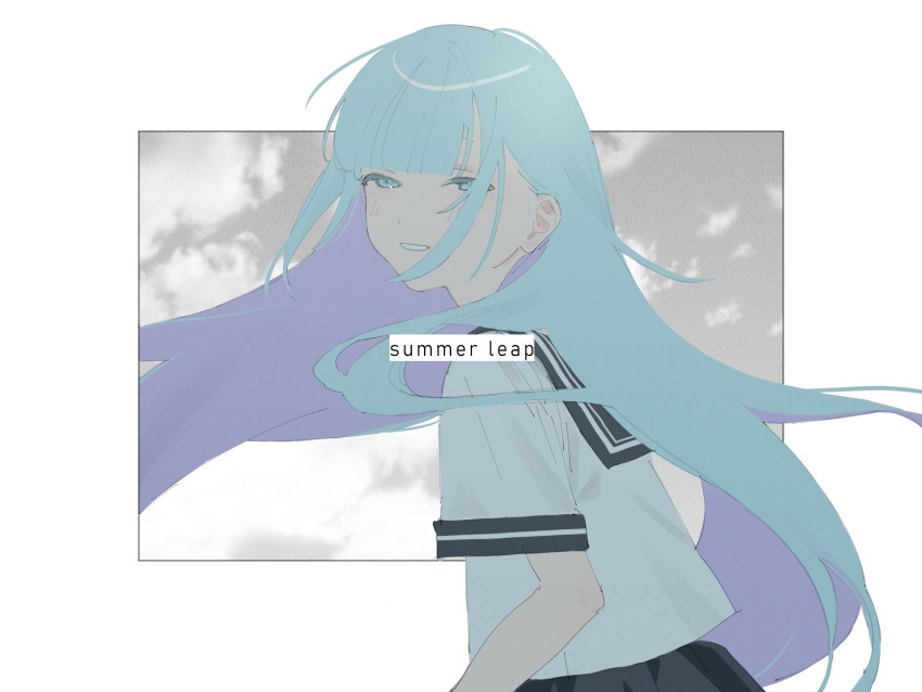 1girl aqua_pupils black_sailor_collar black_skirt blue_eyes blue_hair blunt_bangs border cloud cloudy_sky colored_inner_hair floating_hair from_side grey_sky grin half-closed_eyes highres indie_virtual_youtuber light_blush long_hair looking_at_viewer looking_to_the_side m_r_tq multicolored_hair outside_border purple_hair sailor_collar school_uniform serafuku shirt sidelocks skirt sky smile solo somunia song_name summer_uniform upper_body virtual_youtuber white_border white_shirt