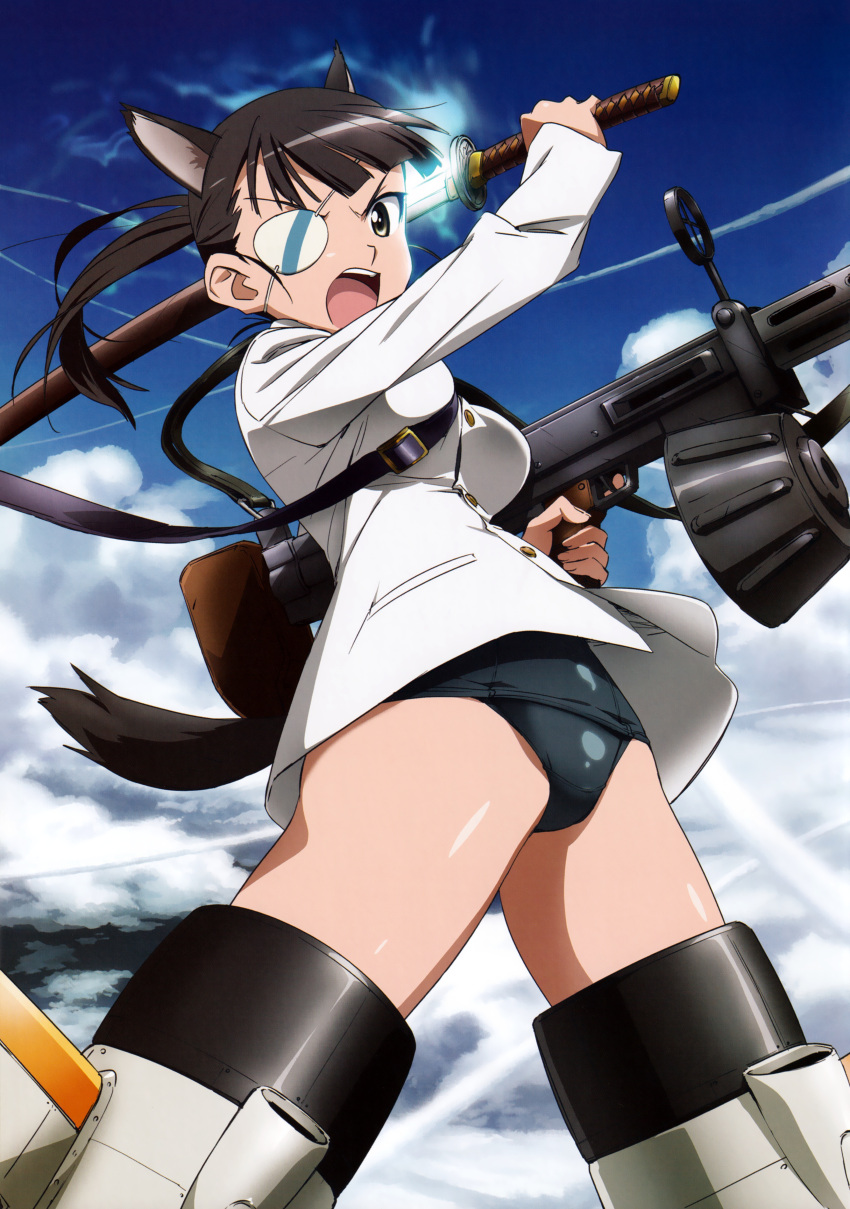 1girl absurdres animal_ears black_hair black_one-piece_swimsuit blue_sky breasts cloud day dog_ears dog_girl dog_tail drum_magazine dual_wielding extra_ears eyepatch flying gun heavy_machine_gun highres holding holding_gun holding_sword holding_weapon katana large_breasts long_hair looking_at_viewer machine_gun magazine_(weapon) military military_uniform no_pants official_art one-piece_swimsuit open_mouth outdoors ponytail print_eyepatch sakamoto_mio school_swimsuit shiny_clothes shiny_skin shirt sky solo strike_witches striker_unit swimsuit swimsuit_under_clothes sword tail takamura_kazuhiro type_99_cannon uniform weapon white_shirt world_witches_series