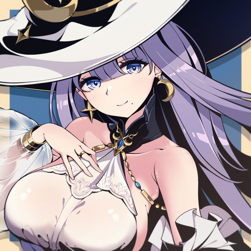 1girl absurdres azur_lane bare_shoulders blue_background blunt_bangs border breasts closed_mouth crescent crescent_earrings dress earrings guichen_(azur_lane) hair_between_eyes hat highres jewelry large_breasts mole mole_under_mouth outside_border purple_eyes purple_hair rabe26k ring sideboob simple_background smile solo star_(symbol) star_earrings upper_body white_dress white_headwear witch_hat yellow_border