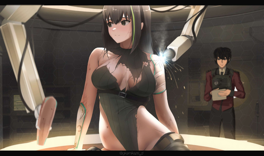 1boy 1girl android black_hair black_pants breasts brown_eyes brown_hair commander_(girls'_frontline) commentary dgkamikaze english_commentary girls'_frontline green_leotard grey_hair griffin_&amp;_kryuger_military_uniform highleg highleg_leotard highres indoors jacket large_breasts leotard long_hair long_sleeves looking_to_the_side m4a1_(girls'_frontline) machinery multicolored_hair pants red_jacket repairing ribbed_leotard sitting sparks standing streaked_hair torn_clothes torn_leotard two-tone_hair