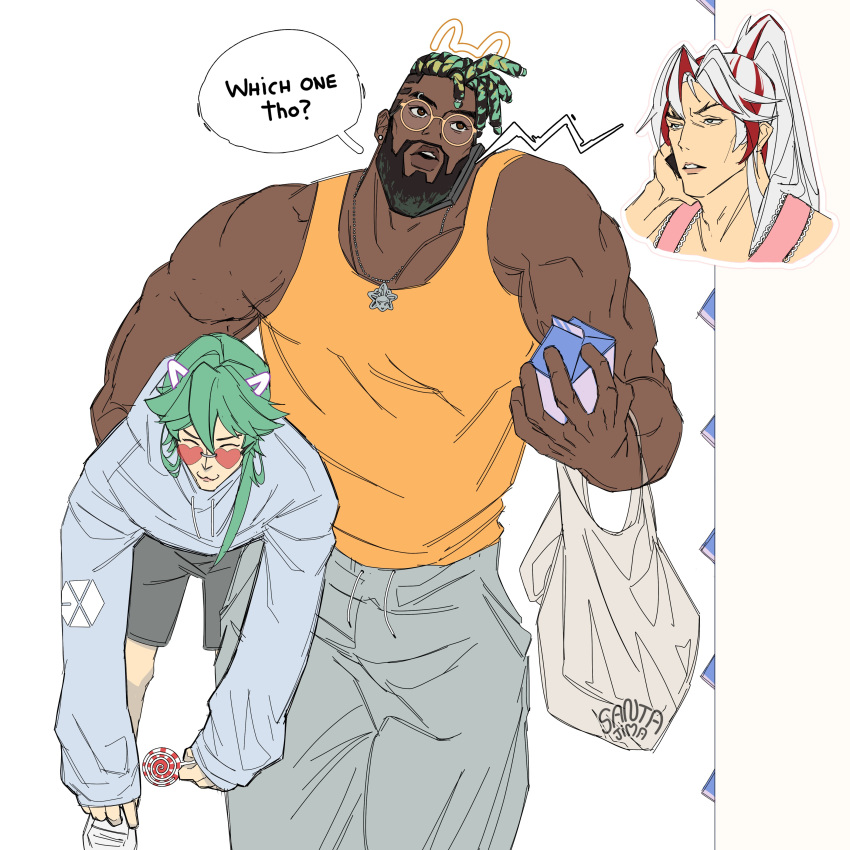 3boys absurdres bag bara beard bespectacled black_hair calling carrying carrying_person carrying_under_arm dark-skinned_male dark_skin drawn_ears dreadlocks earrings english_text ezreal facial_hair feet_out_of_frame glasses heartsteel_ezreal heartsteel_k'sante heartsteel_yone highres holding_too_many_things jewelry k'sante_(league_of_legends) large_pectorals league_of_legends long_hair male_focus mature_male multiple_boys muscular muscular_male official_alternate_costume orange_tank_top pants pectorals phone plastic_bag round_eyewear santa_jima shopping short_hair size_difference tank_top thick_eyebrows two-tone_beard very_dark_skin yone_(league_of_legends)