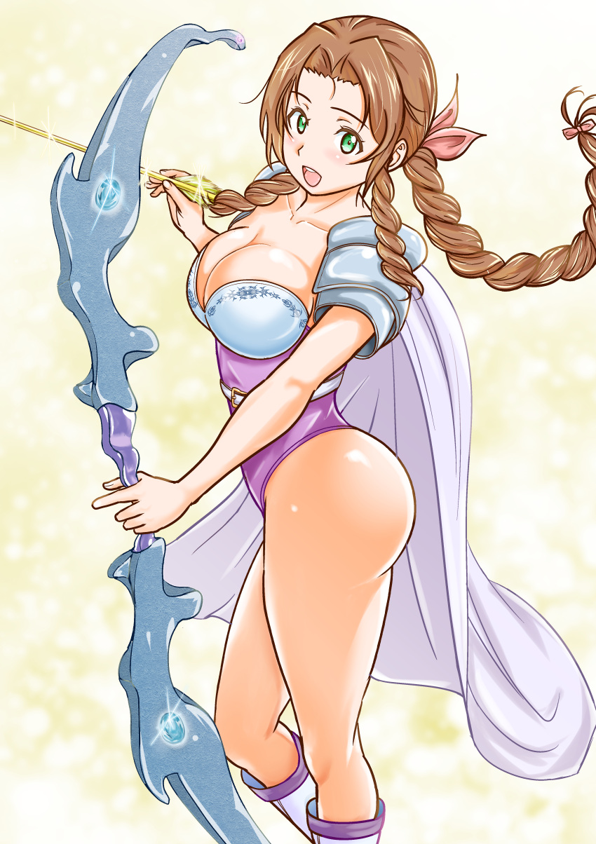 1girl absurdres aerith_gainsborough armor arrow_(projectile) boots bow_(weapon) braid braided_ponytail breasts brown_hair cape cleavage commission cosplay final_fantasy final_fantasy_iv final_fantasy_vii green_eyes highres holding holding_arrow holding_bow_(weapon) holding_weapon leotard looking_at_viewer mikan_ame_q pixiv_commission rosa_farrell rosa_farrell_(cosplay) shoulder_armor weapon white_cape