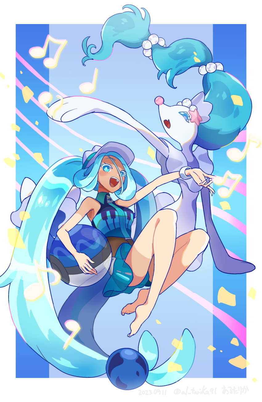 1girl :d aqua_eyes aqua_hair arutarika_(ri_kaoekaki) ball bare_arms barefoot beachball bright_pupils colored_eyelashes commentary_request crossover grey_headwear highres holding legs long_hair open_mouth outstretched_arm pokemon pokemon_(creature) primarina project_voltage shorts smile swimsuit teeth toes tongue twintails upper_teeth_only visor_cap vocaloid water_miku_(project_voltage) white_pupils