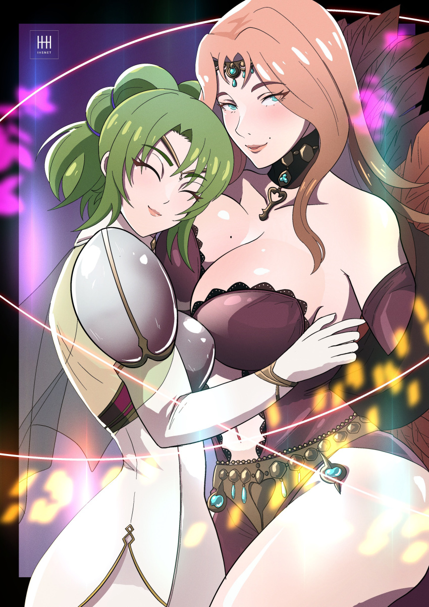 2girls absurdres armor asymmetrical_docking bare_shoulders blue_eyes blush breast_press breasts cape circlet cleavage collarbone commission cornelia_arnim detached_sleeves dress elbow_gloves feather_trim feathers fire_emblem fire_emblem:_the_sacred_stones fire_emblem:_three_houses gloves green_hair head_on_chest highres holding_to_chest ihsnet jewelry key key_necklace l'arachel_(fire_emblem) large_breasts long_hair looking_at_viewer magic mature_female medium_breasts mole mole_above_mouth mole_on_breast multiple_girls navel necklace pink_hair plunging_neckline ponytail side_slit smile thighs white_gloves yuri