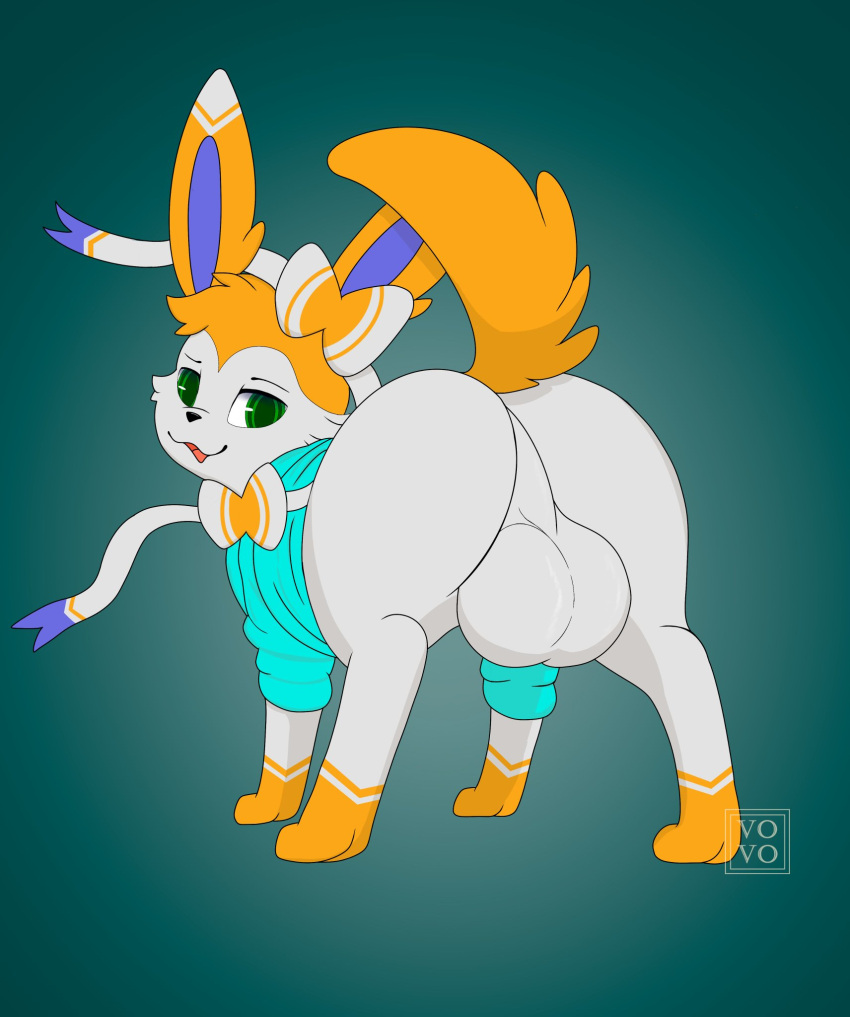 balls big_balls butt clothing eeveelution feral generation_6_pokemon genitals green_eyes hi_res huge_balls looking_at_viewer looking_back male nintendo pokemon pokemon_(species) presenting presenting_hindquarters raised_tail solo sweater sylveon tail topwear vovo vovo_fwaweon