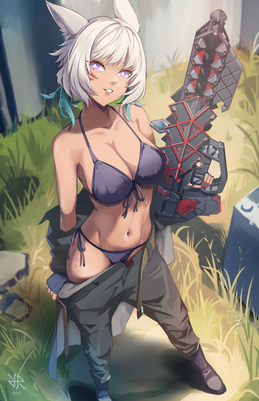 1girl absurdres animal_ears bikini black_bikini breasts clothes_pull commission dark-skinned_female dark_skin earrings facial_mark feather_earrings feathers final_fantasy final_fantasy_xiv grass grin gun highres hiroki_ree holding holding_gun holding_weapon jewelry large_breasts miqo'te navel pants pants_pull parted_lips purple_eyes rifle smile solo stomach swimsuit weapon white_hair y'shtola_rhul