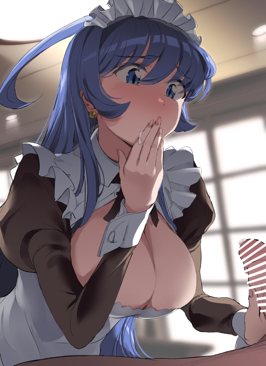 1boy 1girl alternate_costume blue_hair blush breasts cleavage covering_mouth cum cumdrip earrings highres jewelry large_breasts long_hair maid maid_headdress orie_(under_night_in-birth) penis touniyuu under_night_in-birth