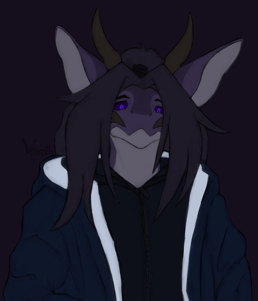 absurd_res clothing coat dragon fur fur_markings fur_pattern furred_dragon grey_body hair hi_res hoodie horn long_hair looking_at_viewer looking_down male markings pullover purple_eyes sketch sketchy solo topwear trifeagon voirath