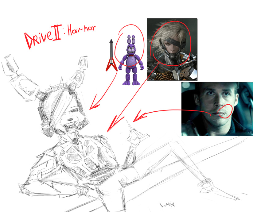 anthro bonnie_(fnaf) drive_(movie) five_nights_at_freddy's guitar hi_res konami lagomorph leporid male mammal meme metal_gear metal_gear_rising:_revengeance musical_instrument plucked_string_instrument rabbit raiden_(metal_gear) reference_image references ryan_gosling scottgames shitpost sketch solo string_instrument toothpick watashiao